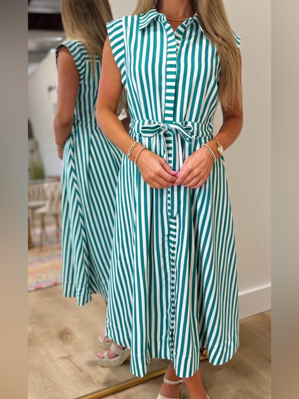 entro Teal and White Striped Midi Shirt Dress